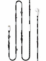 Domino Beaded Lightning EarPods — handmade Apple Lightning earphones in black and grey with flower and seed beads