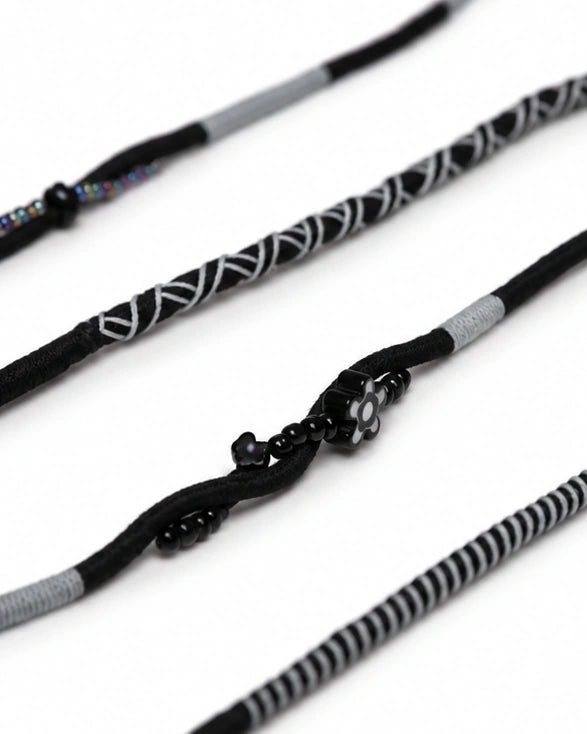 Domino Beaded Lightning EarPods — handmade Apple Lightning earphones in black and grey with flower and seed beads – photo 3