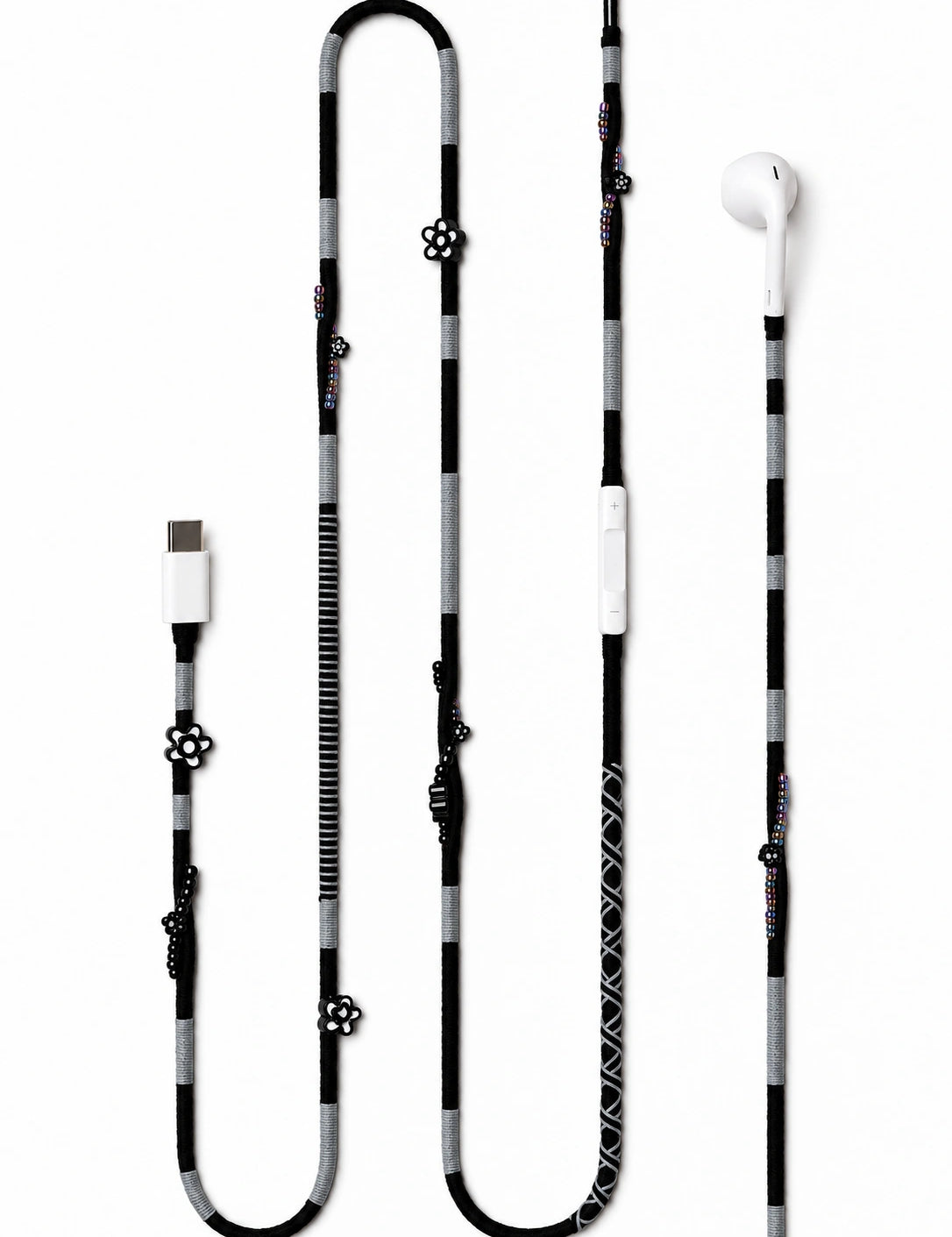 Domino Beaded USB-C EarPods — handmade Apple USB-C earphones in black and grey with flower and seed beads