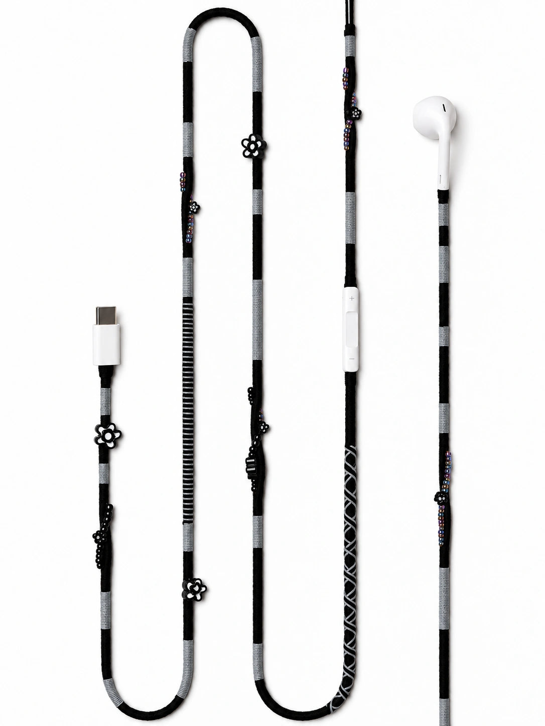 Domino Beaded USB-C EarPods — handmade Apple USB-C earphones in black and grey with flower and seed beads