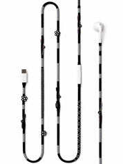 Domino Beaded USB-C EarPods — handmade Apple USB-C earphones in black and grey with flower and seed beads
