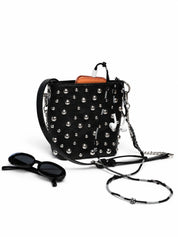Domino Beaded USB-C EarPods — handmade Apple USB-C earphones in black and grey with flower and seed beads, styled with a studded black bag
