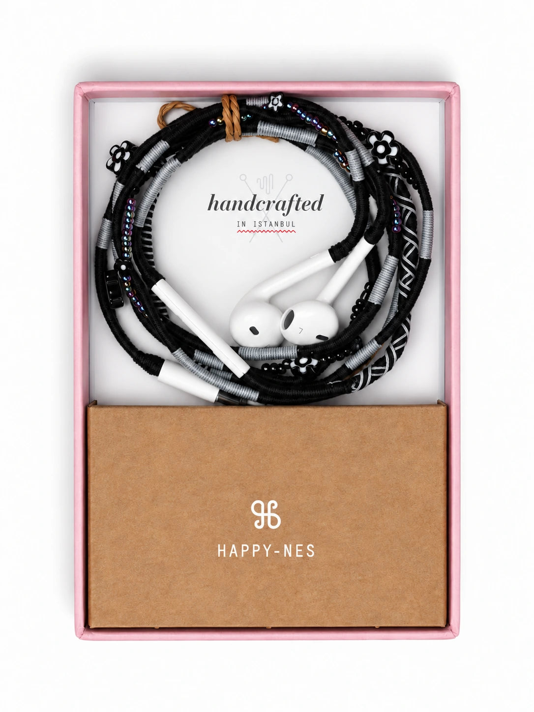 Domino Beaded USB-C EarPods — handmade Apple USB-C earphones in black and grey with flower and seed beads, in Happy-Nes gift box