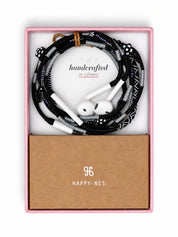 Domino Beaded USB-C EarPods — handmade Apple USB-C earphones in black and grey with flower and seed beads, in Happy-Nes gift box