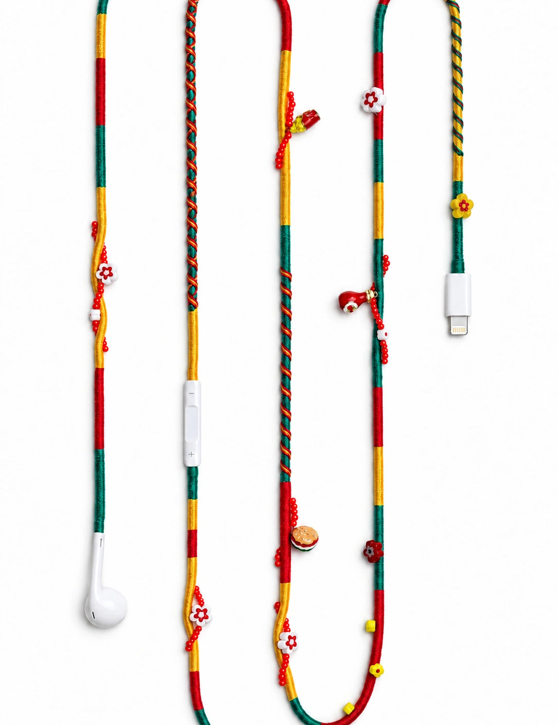 Drive-In Beaded Lightning EarPods — handmade Apple Lightning earphones in red, green and yellow with burger, fries and ketchup charms