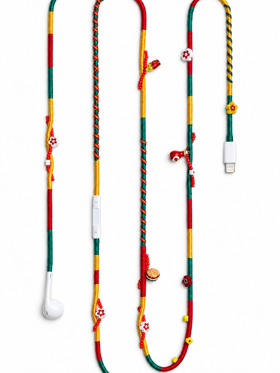Drive-In Beaded Lightning EarPods — handmade Apple Lightning earphones in red, green and yellow with burger, fries and ketchup charms