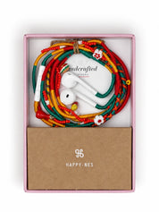 Drive-In Beaded Lightning EarPods — handmade Apple Lightning earphones in red, green and yellow with burger, fries and ketchup charms, in Happy-Nes gift box