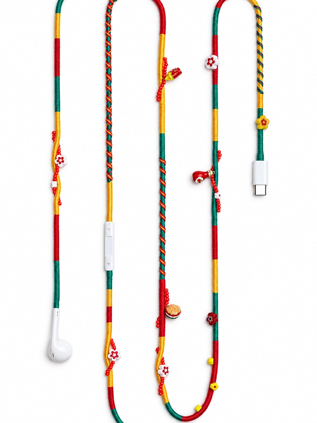 Drive-In Beaded USB-C EarPods — handmade Apple USB-C earphones in red, green and yellow with burger, fries and ketchup charms