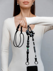 Noir Adjustable Phone Strap — handmade beaded phone strap in black, hands-free crossbody