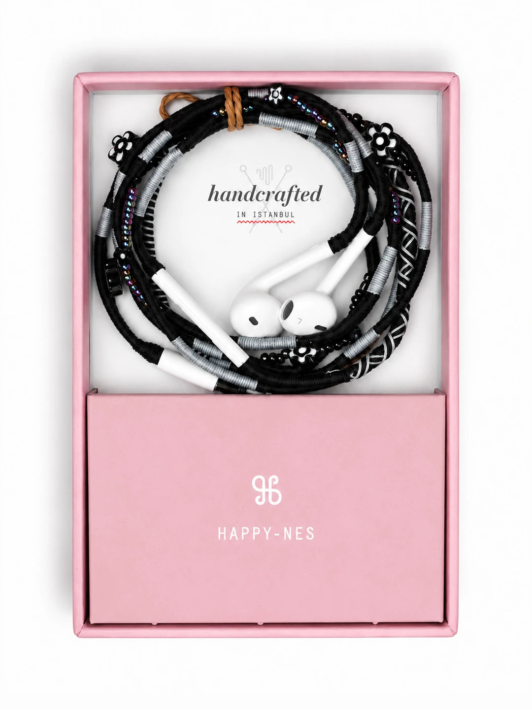Domino Beaded Lightning EarPods — handmade Apple Lightning earphones in black and grey with flower and seed beads – in Happy-Nes gift box