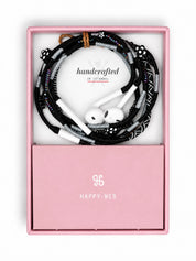 Domino Beaded USB-C EarPods — handmade Apple USB-C earphones in black and grey with flower and seed beads – in Happy-Nes gift box
