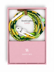 Botanica Beaded USB-C EarPods — handmade Apple USB-C earphones in lime, forest green and yellow with kiwi, leaf and evil-eye beads – in Happy-Nes gift box