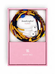 Carnival Beaded Lightning EarPods — handmade Apple Lightning earphones in yellow, navy and burgundy with flower, heart and leaf beads – in Happy-Nes gift box