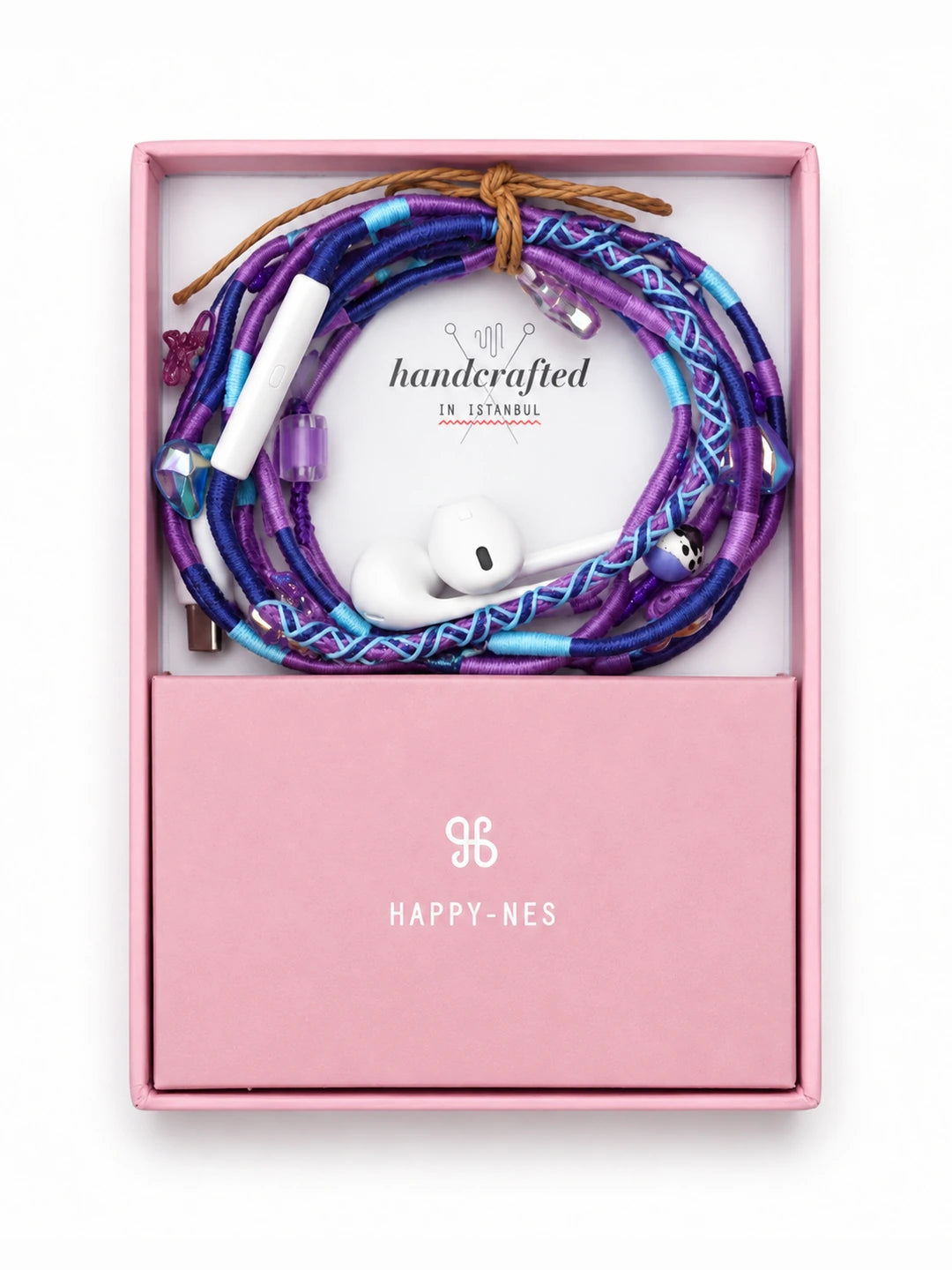 Mermaid Beaded USB-C EarPods — handmade Apple USB-C earphones in purple, navy and sky blue with starfish, sea turtle and heart beads – in Happy-Nes gift box