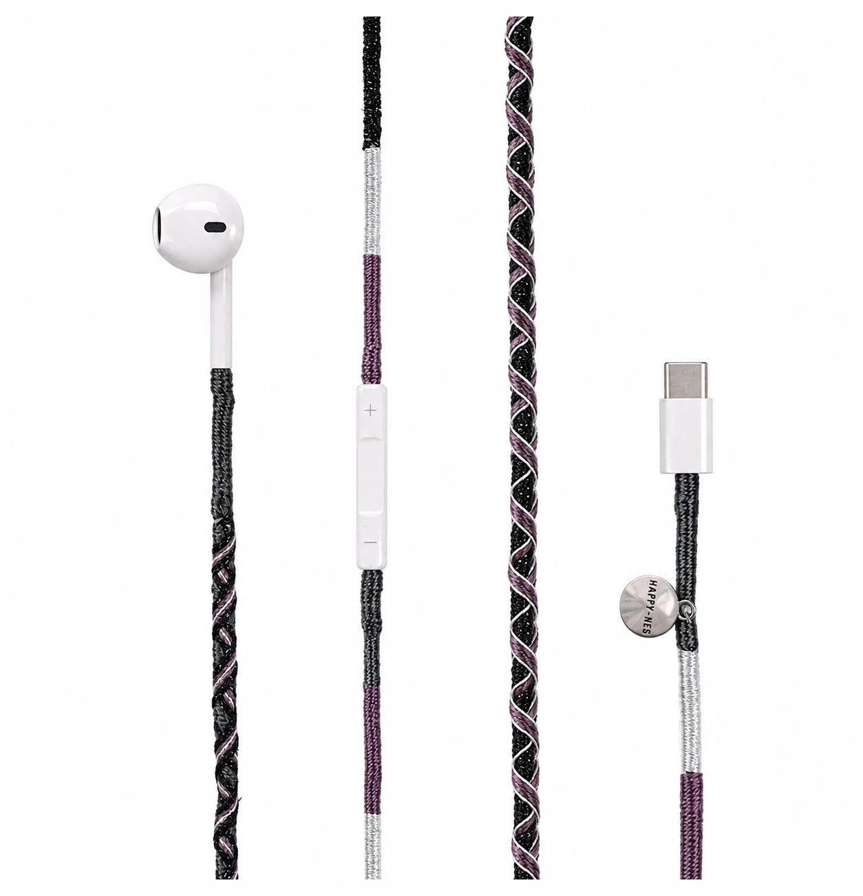 Shiny Luna USB-C EarPods — handmade Apple USB-C earphones in black with silver thread