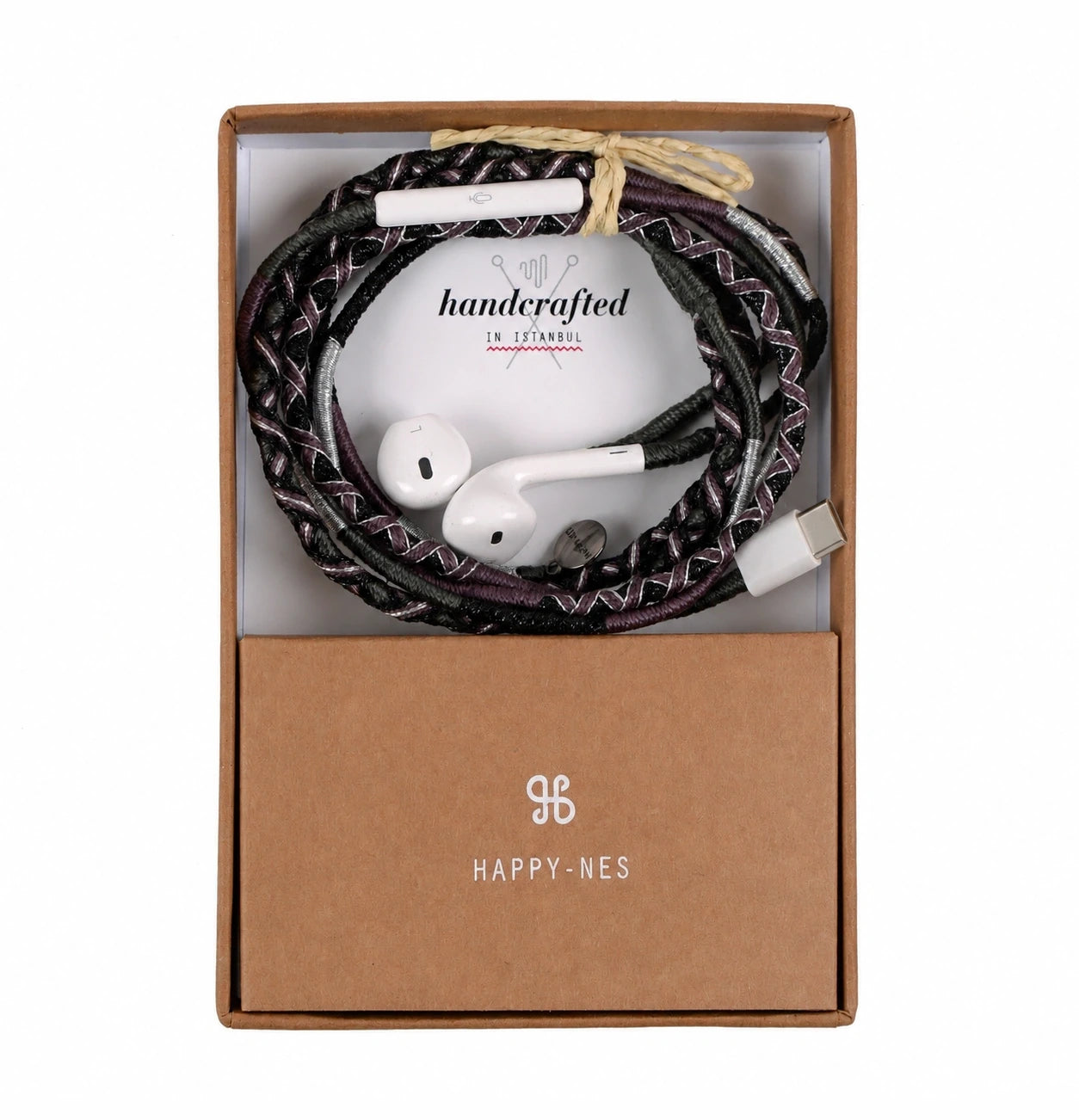 Shiny Luna USB-C EarPods — handmade Apple USB-C earphones in black with silver thread, in Happy-Nes gift box