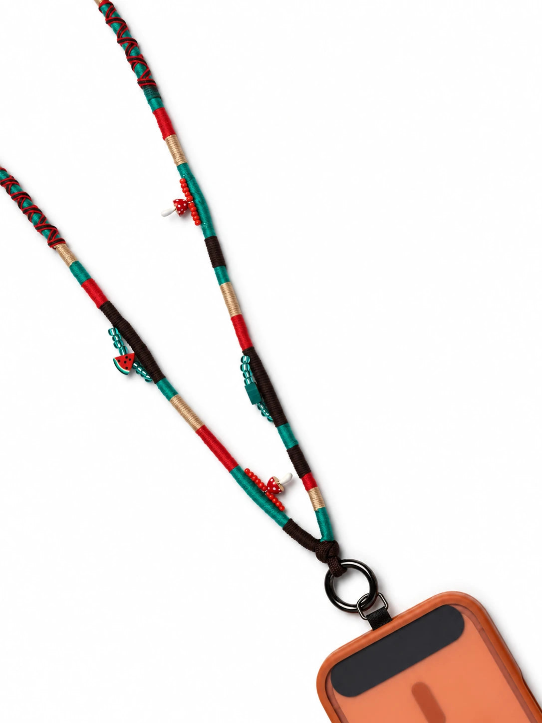 Full length of the Marrakech adjustable phone strap attached to a phone, showing the 95-120 cm crossbody cord