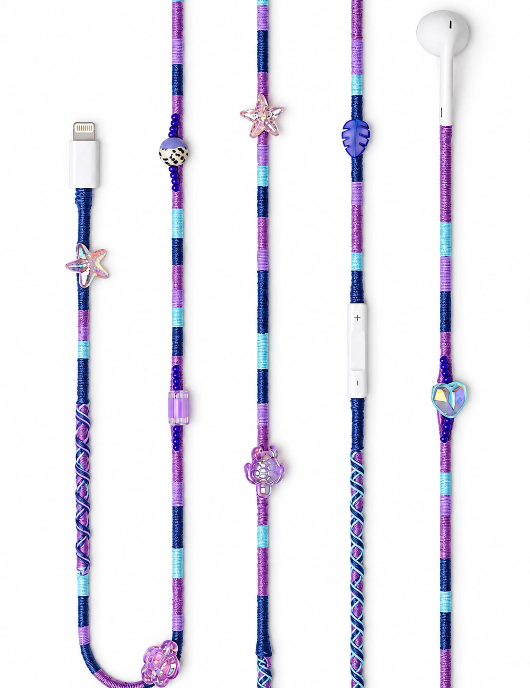 Mermaid Beaded Lightning EarPods — handmade Apple Lightning earphones in purple, navy and sky blue with starfish, sea turtle and heart beads