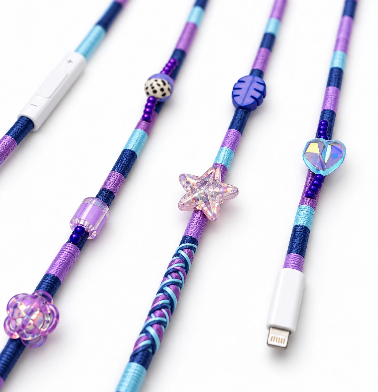Mermaid Beaded Lightning EarPods — handmade Apple Lightning earphones in purple, navy and sky blue with starfish, sea turtle and heart beads – photo 4