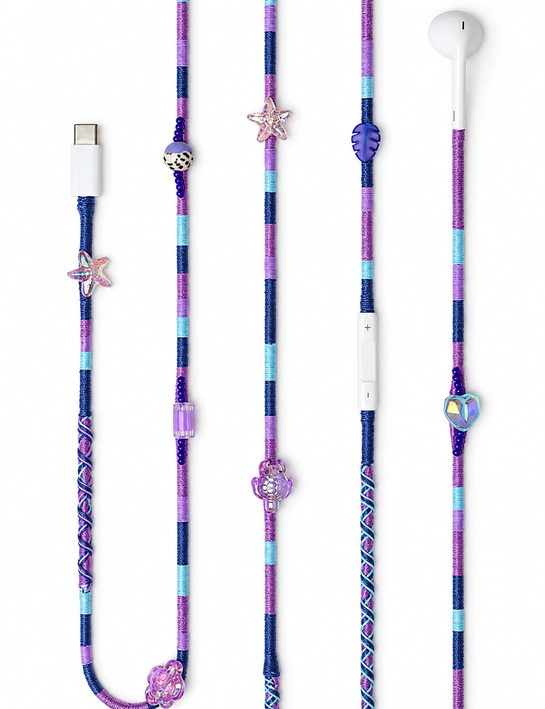 Mermaid Beaded USB-C EarPods — handmade Apple USB-C earphones in purple, navy and sky blue with starfish, sea turtle and heart beads