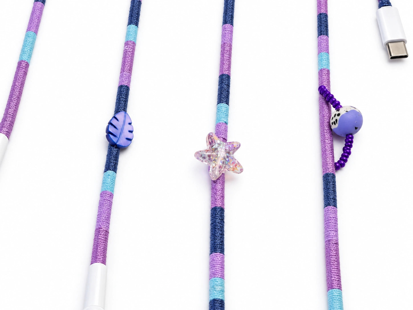 Mermaid Beaded USB-C EarPods — handmade Apple USB-C earphones in purple, navy and sky blue with starfish, sea turtle and heart beads – photo 3