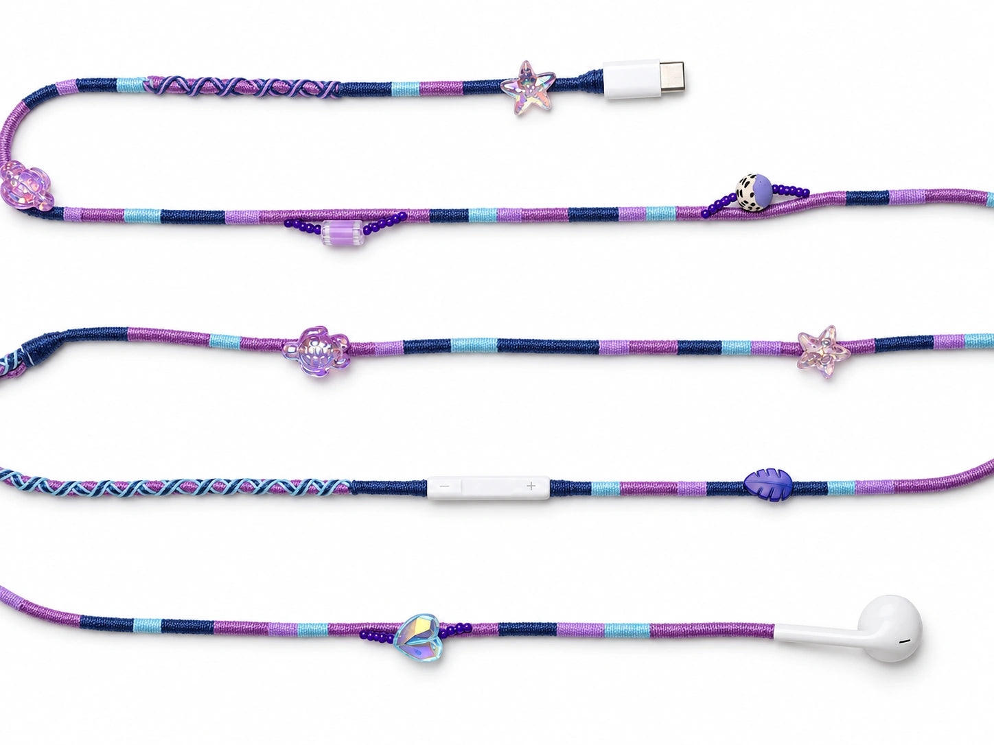 Mermaid Beaded USB-C EarPods — handmade Apple USB-C earphones in purple, navy and sky blue with starfish, sea turtle and heart beads – photo 4