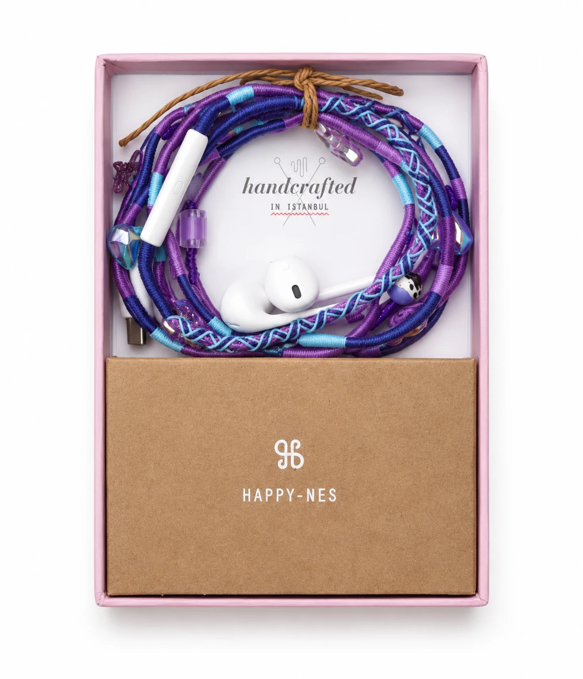 Mermaid Beaded USB-C EarPods — handmade Apple USB-C earphones in purple, navy and sky blue with starfish, sea turtle and heart beads, in Happy-Nes gift box