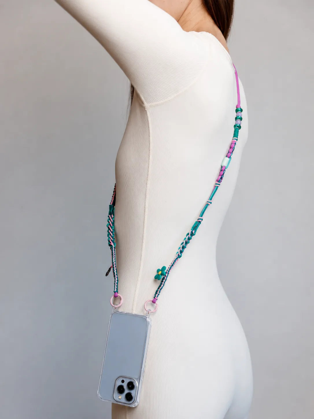 Jungle Pop Phone Strap — handmade beaded phone strap in pink, hands-free crossbody – photo 8