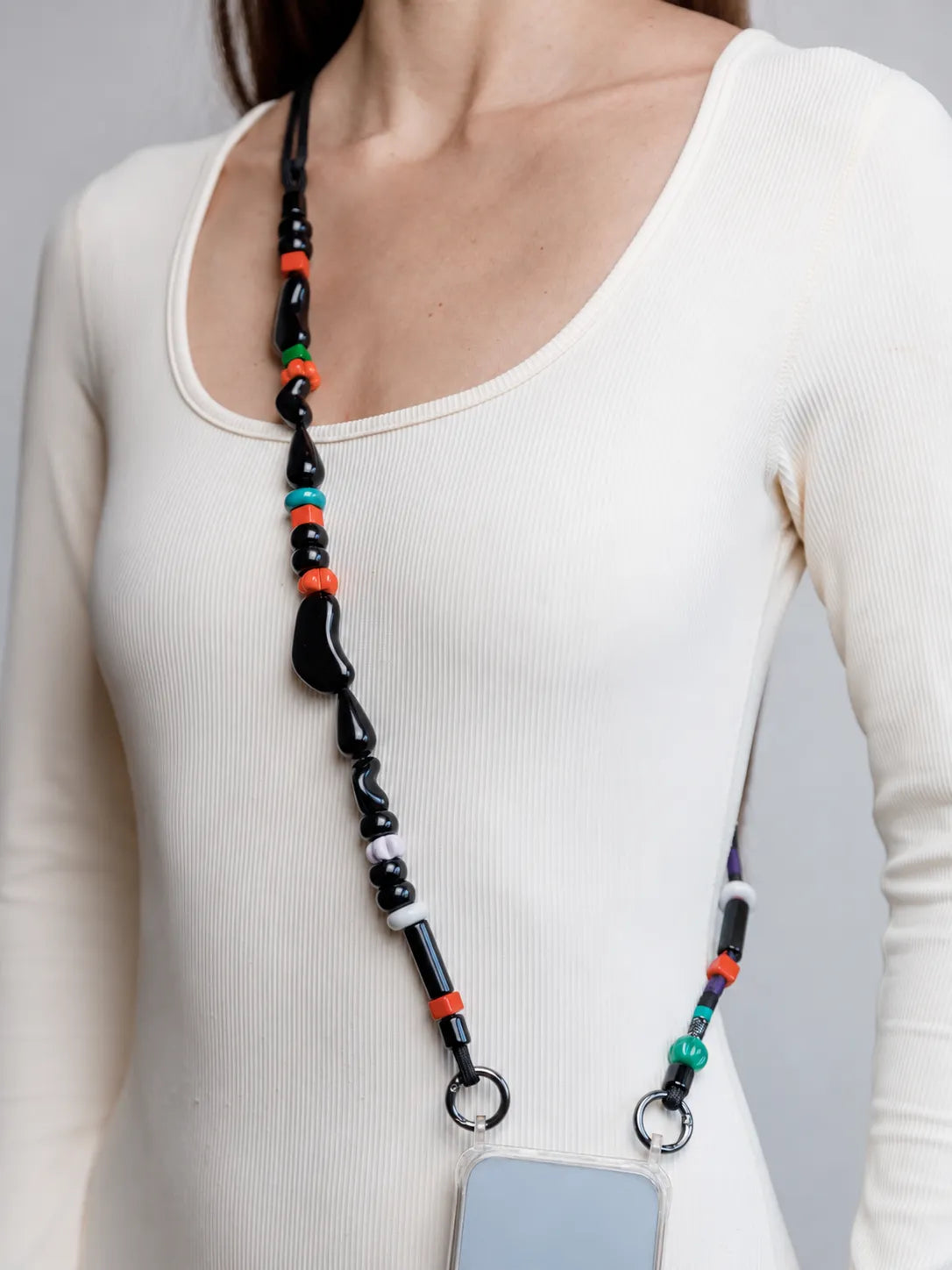 Onyx Adjustable Phone Strap — handmade beaded phone strap in black, hands-free crossbody – photo 5