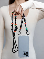 Onyx Adjustable Phone Strap — handmade beaded phone strap in black, hands-free crossbody