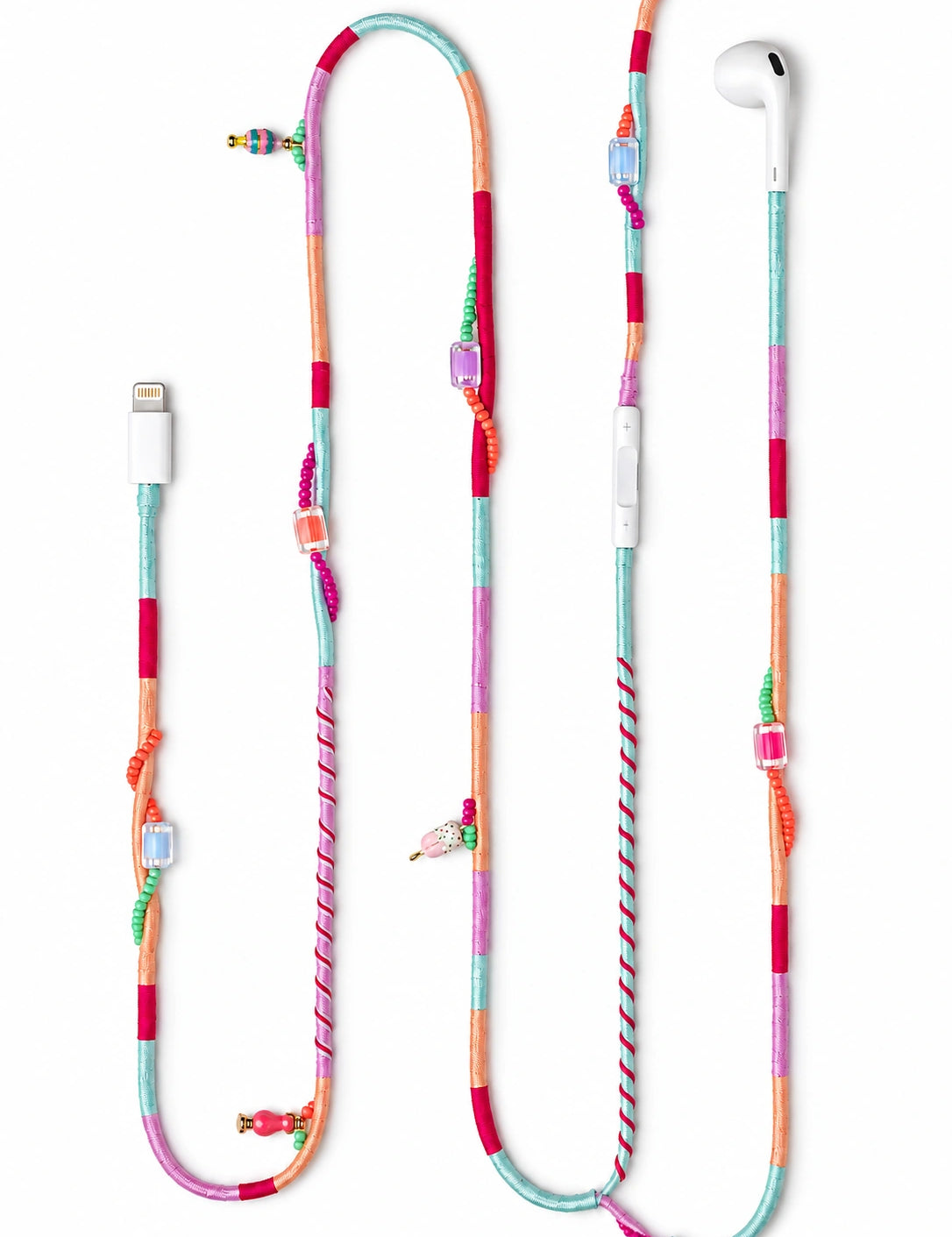 Sorbet Beaded Lightning EarPods — handmade Apple Lightning earphones in mint, peach, lilac and raspberry with an ice-cream charm and cube beads