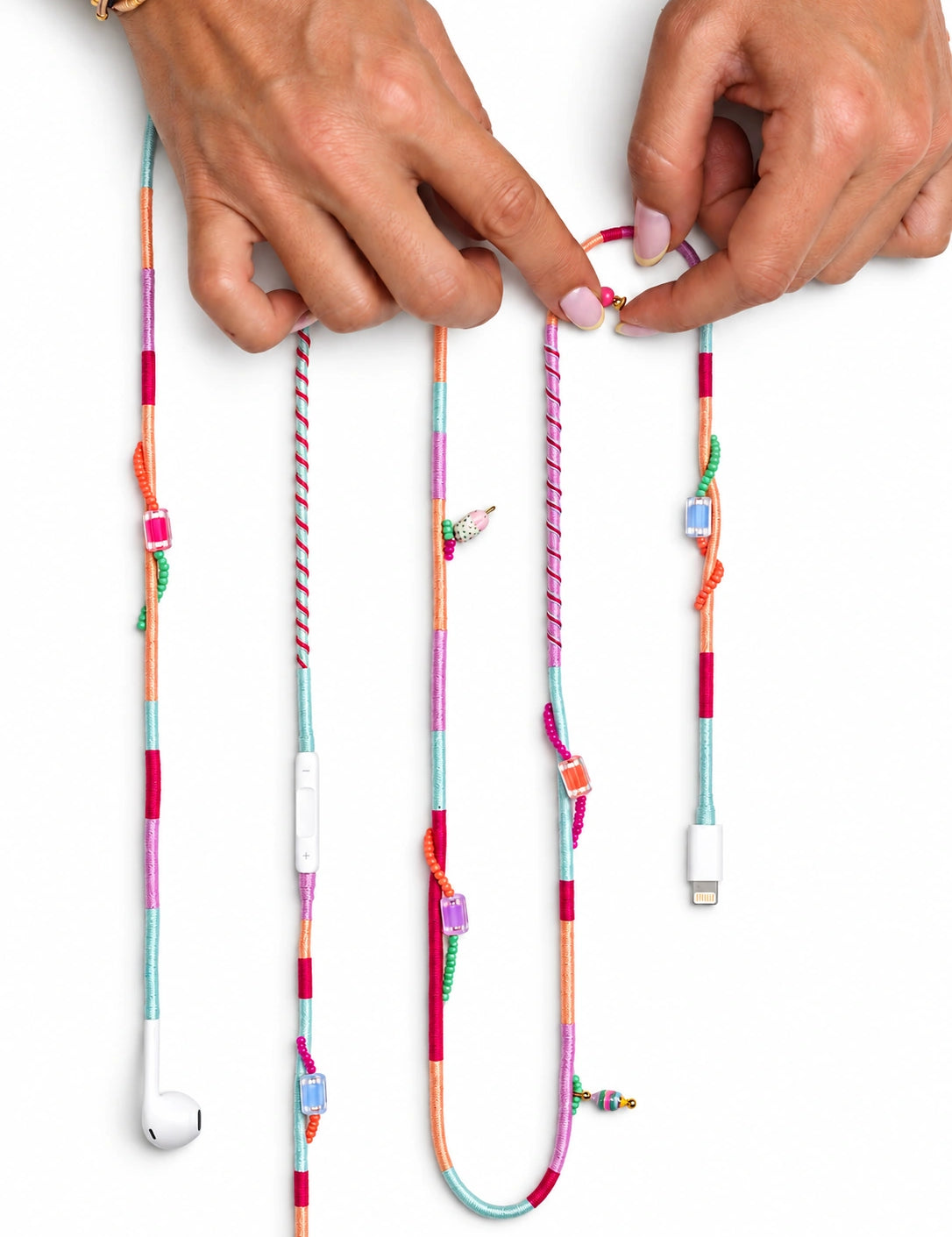 Sorbet Beaded Lightning EarPods — handmade Apple Lightning earphones in mint, peach, lilac and raspberry with an ice-cream charm and cube beads – photo 2