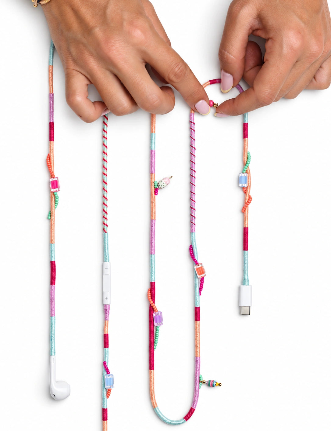 Sorbet Beaded USB-C EarPods — handmade Apple USB-C earphones in mint, peach, lilac and raspberry with an ice-cream charm and cube beads