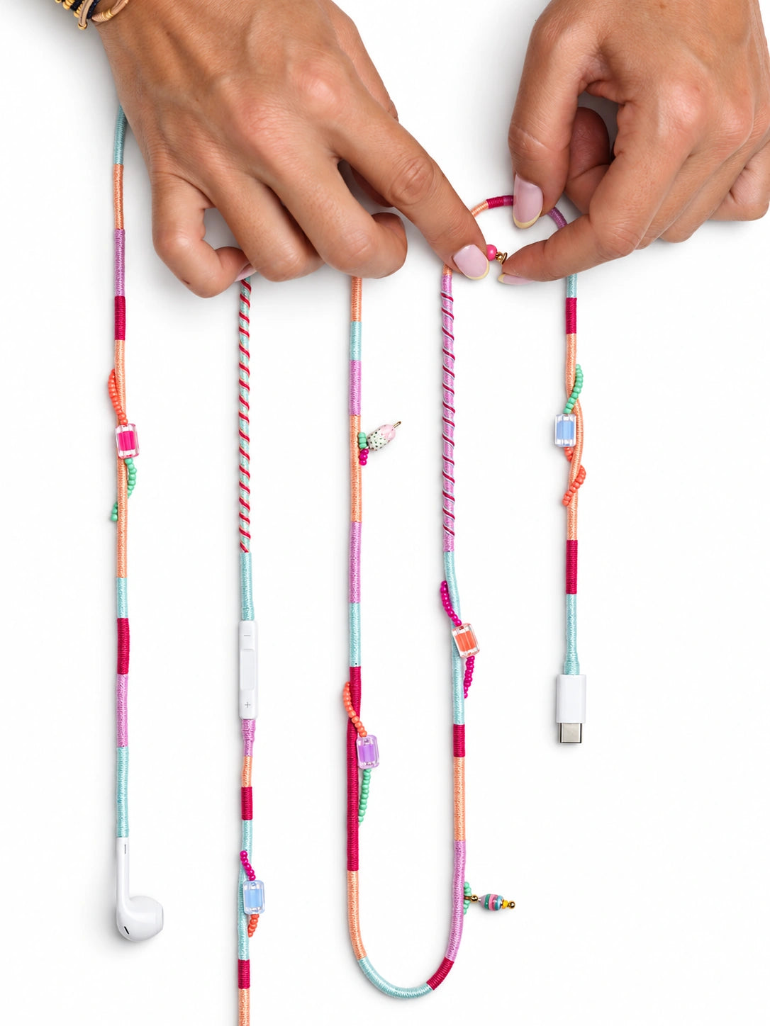 Sorbet Beaded USB-C EarPods — handmade Apple USB-C earphones in mint, peach, lilac and raspberry with an ice-cream charm and cube beads