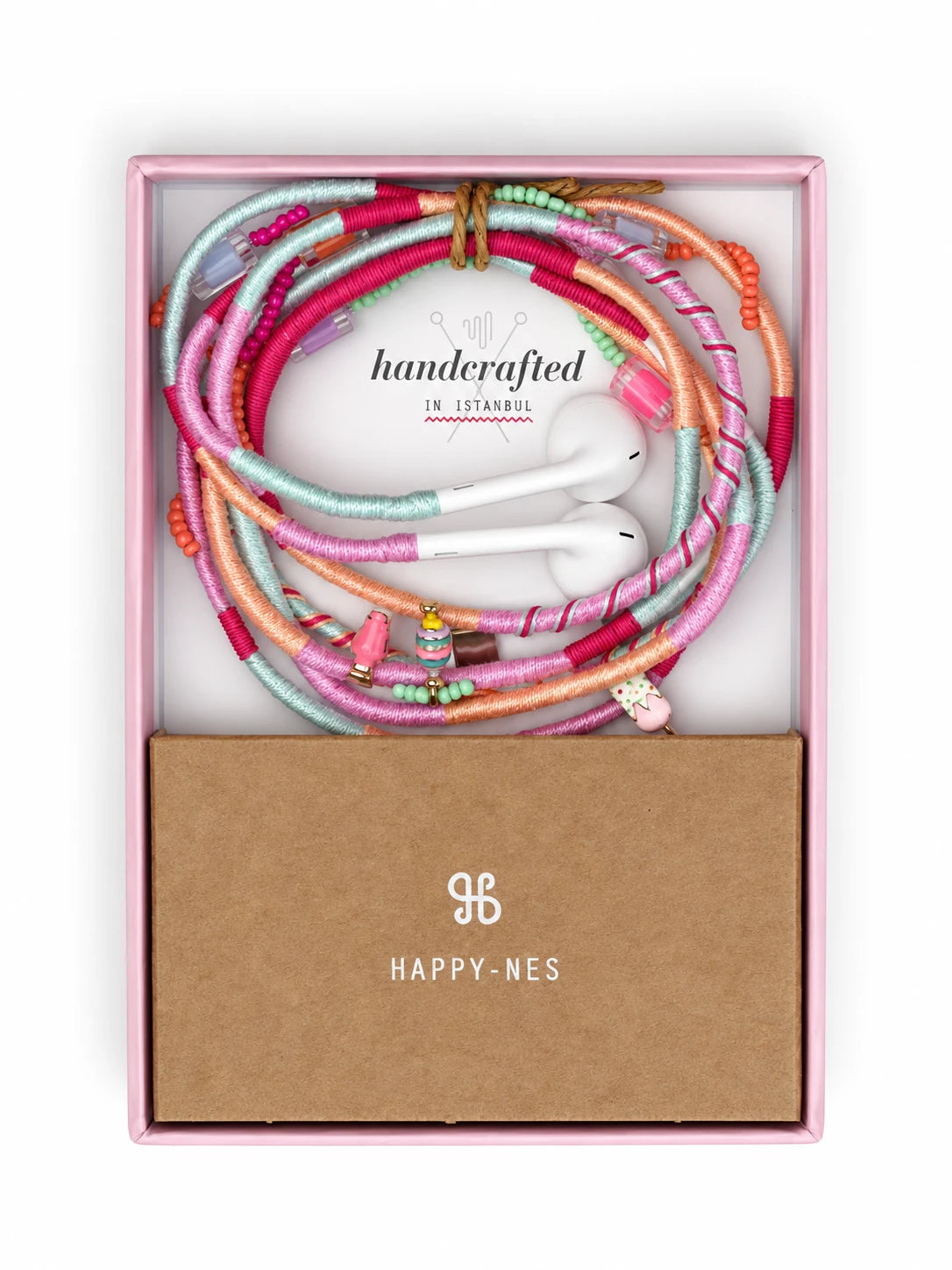 Sorbet Beaded USB-C EarPods — handmade Apple USB-C earphones in mint, peach, lilac and raspberry with an ice-cream charm and cube beads, in Happy-Nes gift box