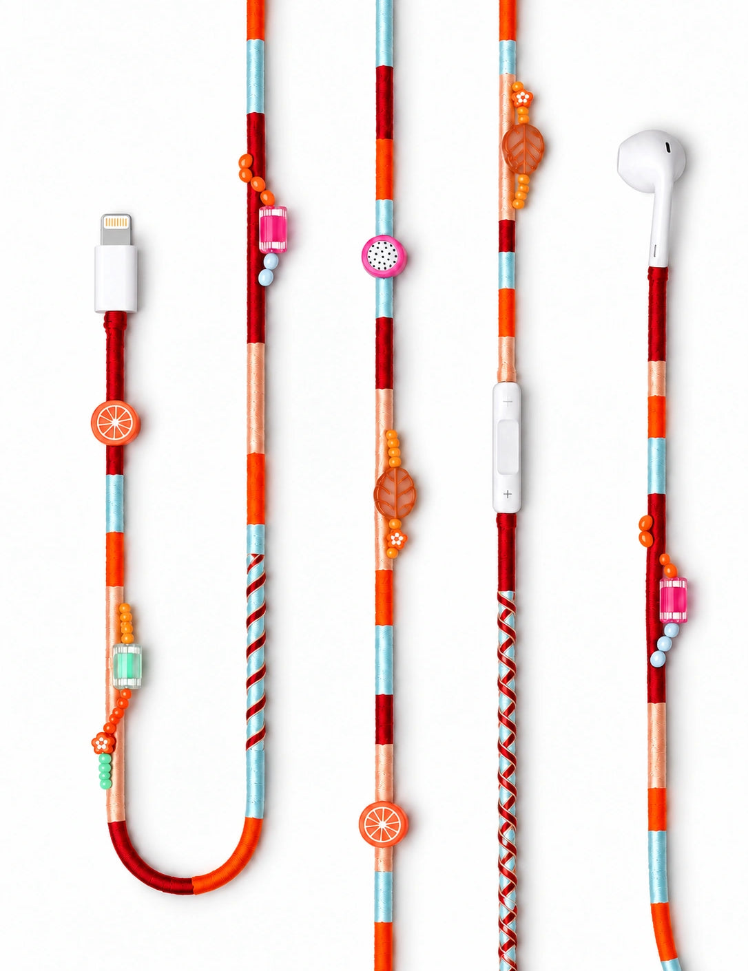 Valencia Beaded Lightning EarPods — handmade Apple Lightning earphones in red, orange, peach and ice blue with citrus, dragon fruit and leaf beads