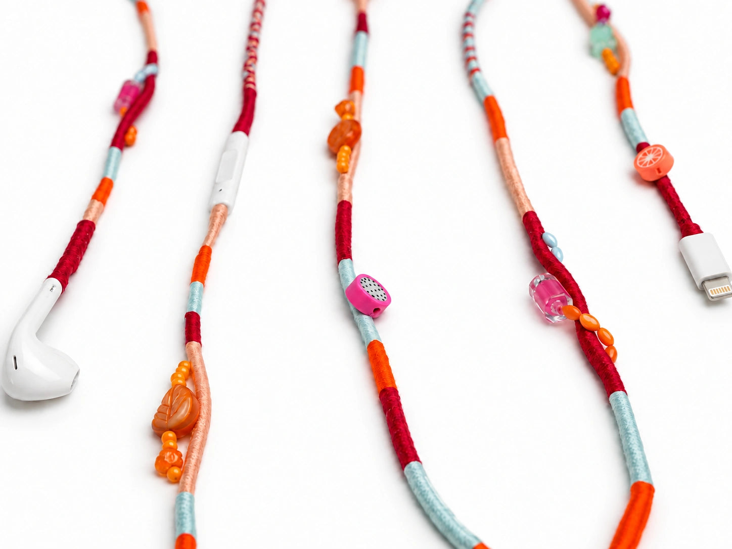 Valencia Beaded Lightning EarPods — handmade Apple Lightning earphones in red, orange, peach and ice blue with citrus, dragon fruit and leaf beads – photo 2
