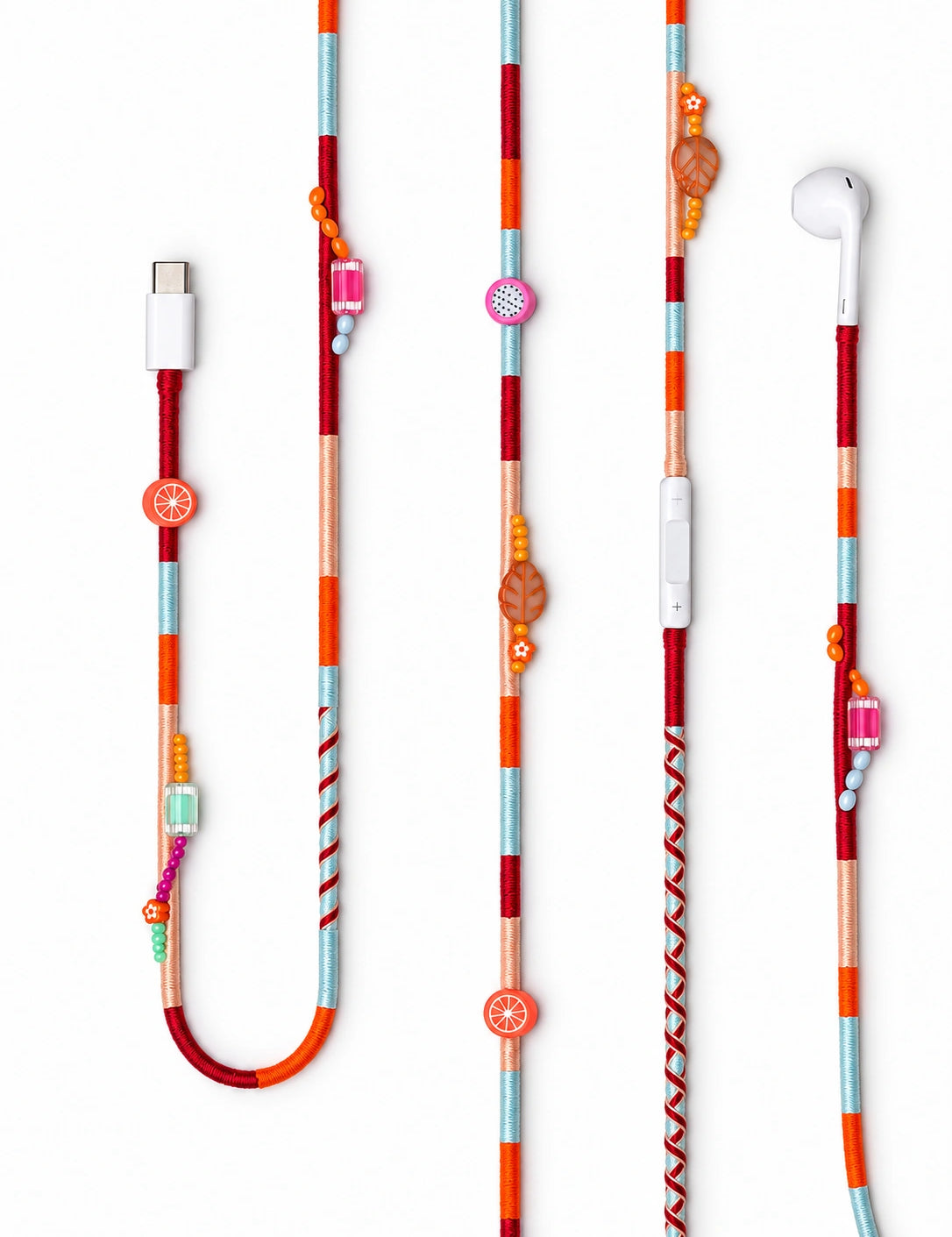 Valencia Beaded USB-C EarPods — handmade Apple USB-C earphones in red, orange, peach and ice blue with citrus, dragon fruit and leaf beads