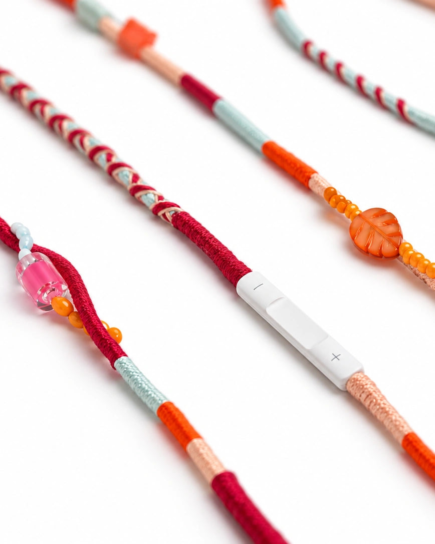 Valencia Beaded USB-C EarPods — handmade Apple USB-C earphones in red, orange, peach and ice blue with citrus, dragon fruit and leaf beads – photo 2