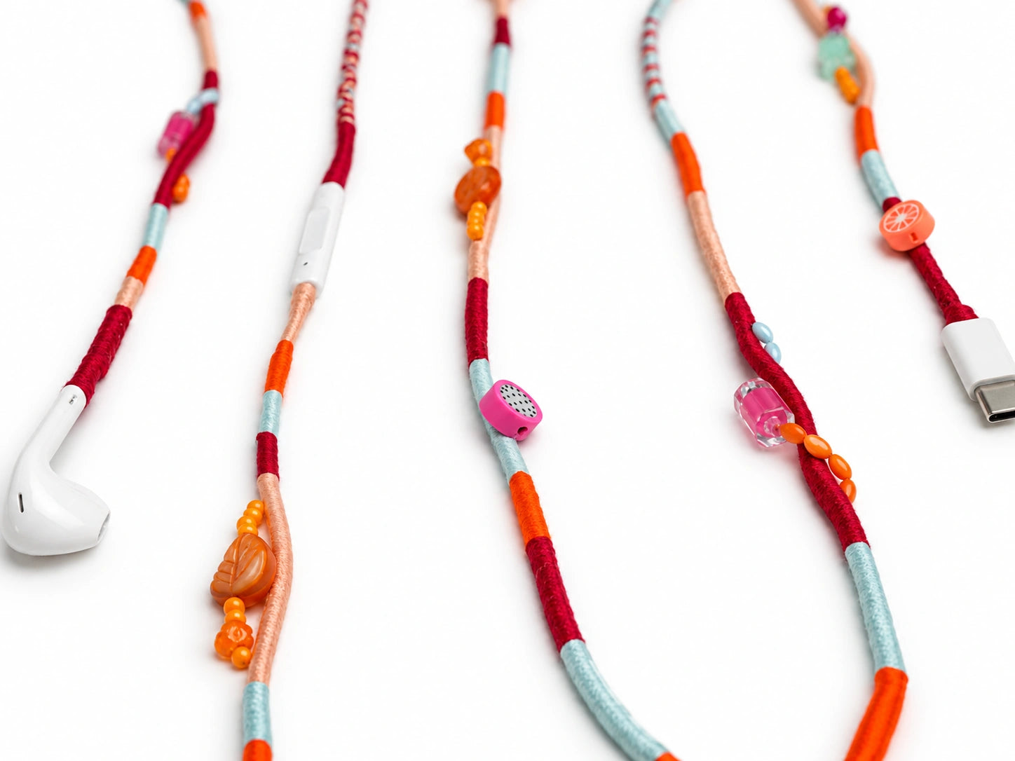 Valencia Beaded USB-C EarPods — handmade Apple USB-C earphones in red, orange, peach and ice blue with citrus, dragon fruit and leaf beads – photo 4